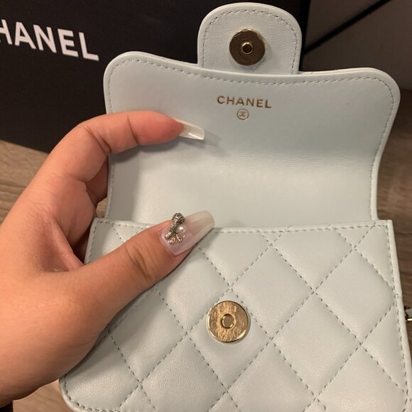 81957 Chanel Light Blue Leather Top Handle Flap Coin Purse with Chain - Picture 5 of 8